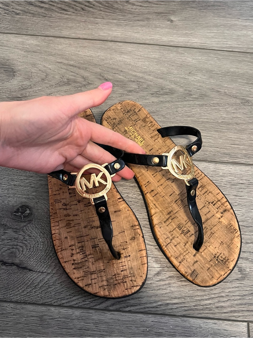 Michael Kors Black and Gold Cork Logo Thong Sandals